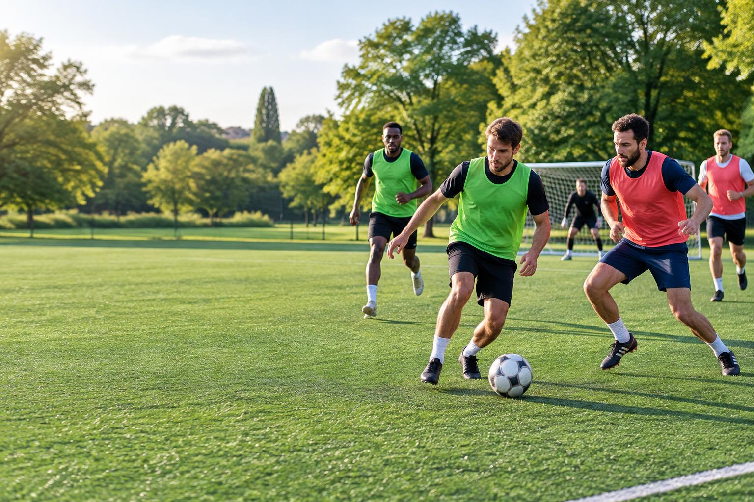 Amateur footballers competing on a sunny green pitch